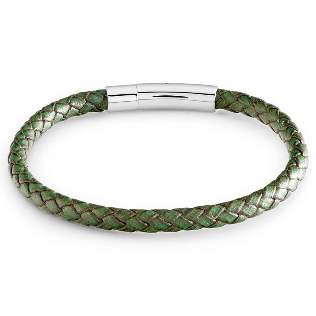 Bracciale in acciaio e pelle verde - Bracciali Uomo | Stroili