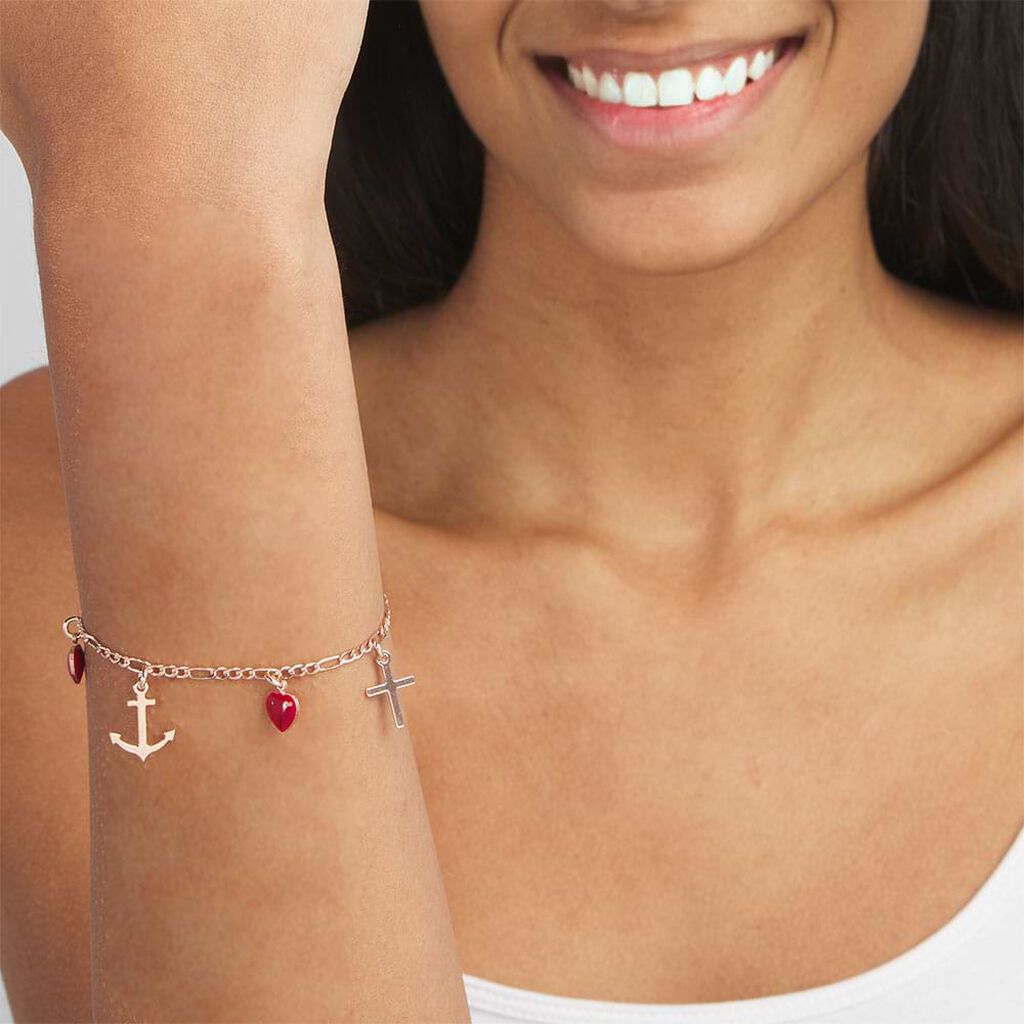 Bracciale in argento rosato con cuore rosso e croce pendenti - Bracciali Donna | Stroili