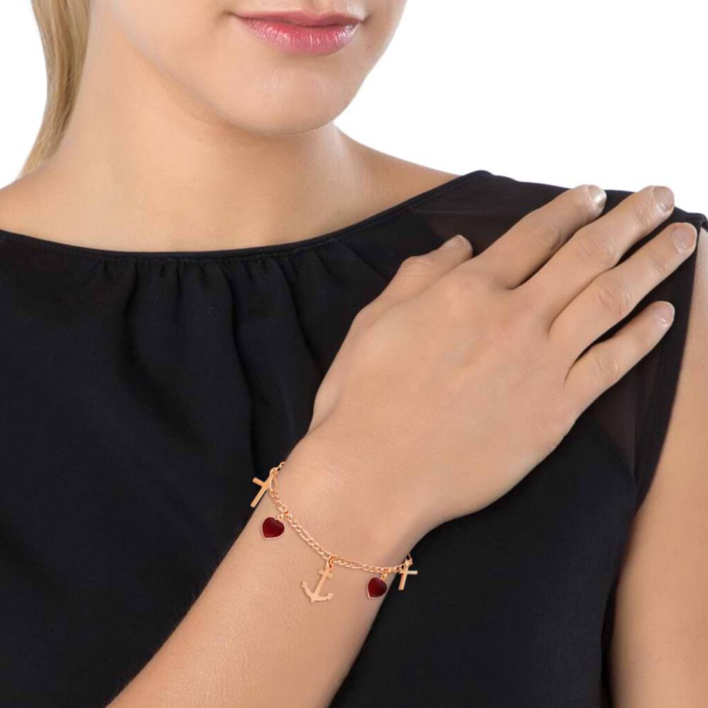 Bracciale in argento rosato con cuore rosso e croce pendenti - Bracciali Donna | Stroili